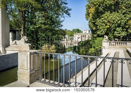 Lazienki Park or Royal Baths Park view of the Lazienki Palace the Palace on the Water in Warsaw Poland