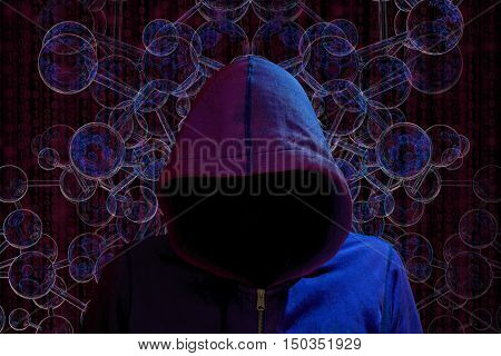 Hacker with dark hoody in red and blue light in front of a spherical network darknet concept