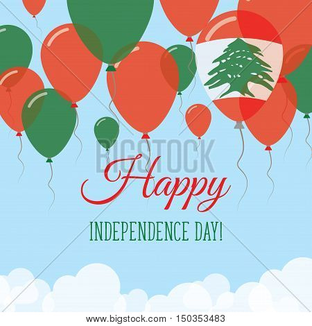 Lebanon Independence Day Flat Greeting Card. Flying Rubber Balloons In Colors Of The Lebanese Flag.