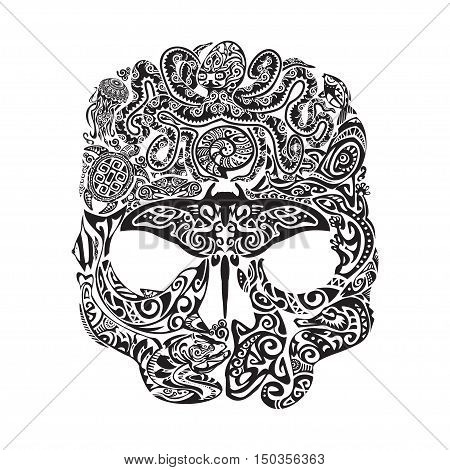 Skull tattoo in the style of Maori with marine life. Sea creatures