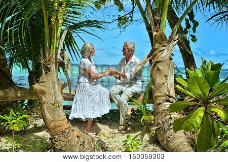 Happy elderly couple rest at tropical beac
