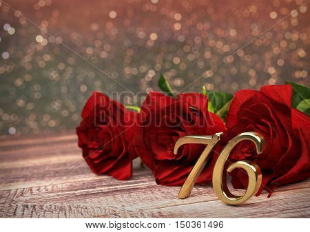 birthday concept with red roses on wooden desk. 3D render - seventy-sixth birthday. 76th