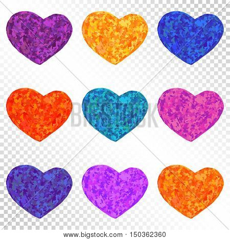 Colorful Bright Hearts Set on Transparent Background