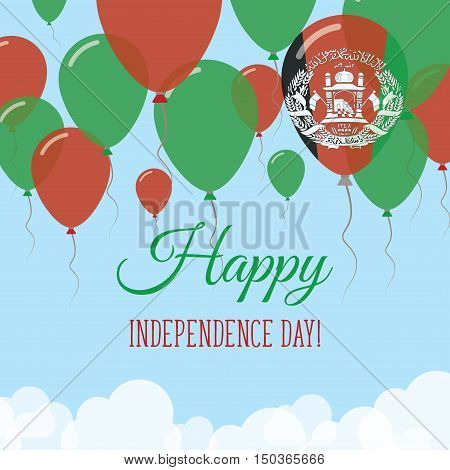 Afghanistan Independence Day Flat Greeting Card. Flying Rubber Balloons In Colors Of The Afghan Flag