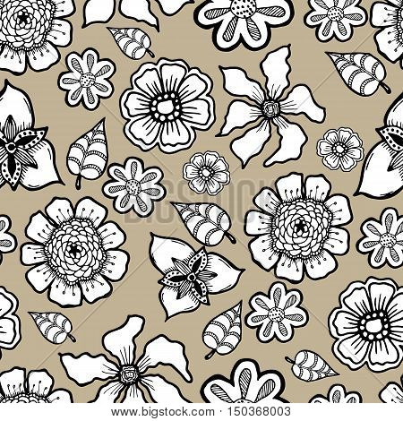 Ornate floral pattern with flowers. Doodle sharpie background. template for card, poster, leaflet. seamless