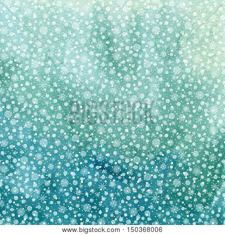 Christmas and Happy New Year background. Hand drawn turquoise blue watercolor abstract texture with snowflakes. Falling snow raster holiday backdrop for card.