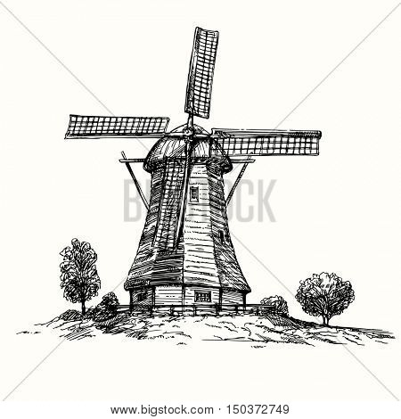Holland windmill. Hand drawn illustration