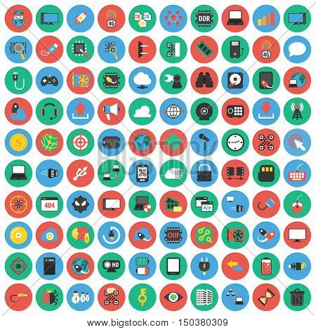 Computer, technology, pc 100 flat icons set for web design