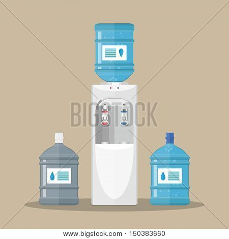 Gray white plastic water cooler with blue full and empty bottles. vector illustration in flat design on brown background