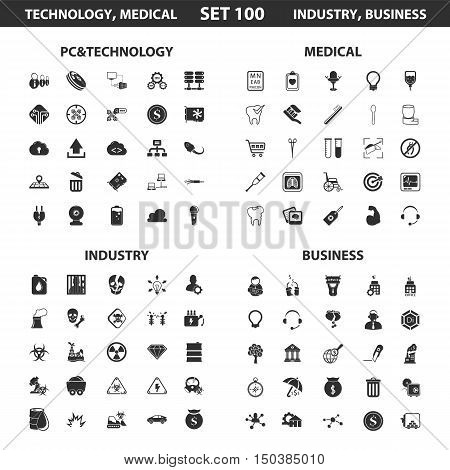 Pc, technology set 100 black simple icons. Medical, industry, business icon design for web and mobile device.