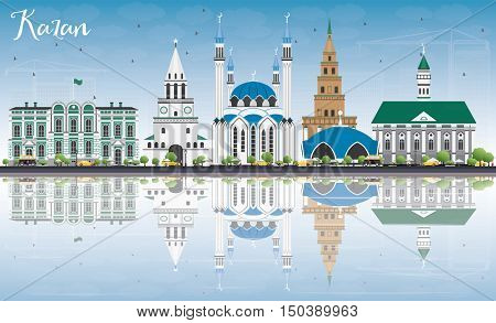 Kazan Skyline with Gray Buildings, Blue Sky and Reflections. Vector Illustration. Business Travel and Tourism Concept with Historic Architecture. Image for Presentation Banner Placard and Web Site.