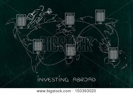 concept of establishing a multinational company or working abroad: business man jumpying from one office to another on map of the world