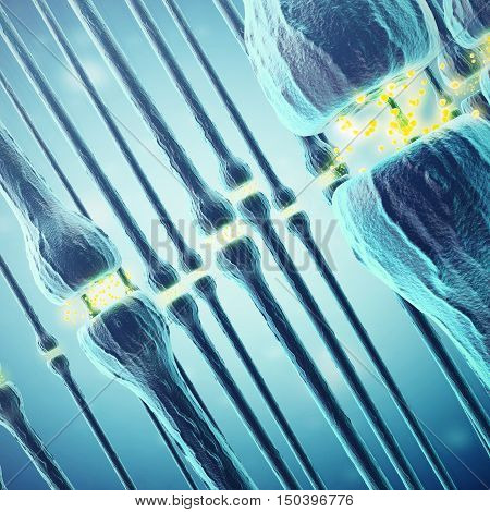 Synaptic transmission, human nervous system, 3d rendering