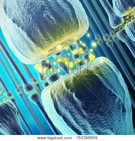 Synaptic transmission, human nervous system, 3d rendering