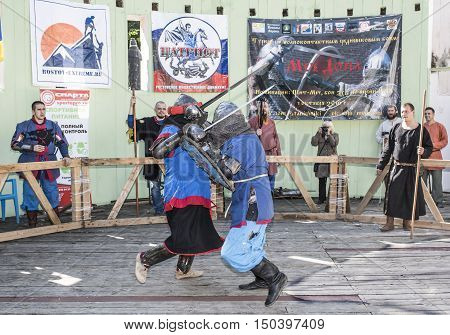 Rostov-on-Don Russia- October 01 2016: Fight knights in the arena of the park W. Cherevichkin