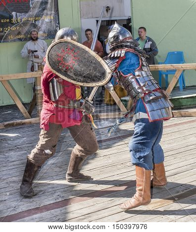Rostov-on-Don Russia- October 012016: Fight knights in the arena of the park W. Cherevichkin