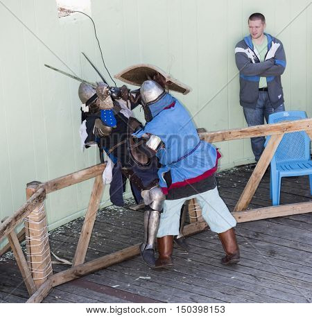 Rostov-on-Don Russia- October 012016: Fight knights in the arena of the park W. Cherevichkin