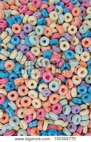 Colorful Kids Sugary Breakfast Cereal Background from top view