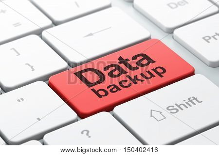 Information concept: computer keyboard with word Data Backup, selected focus on enter button background, 3D rendering