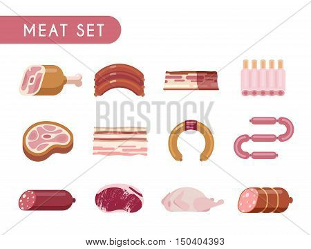 Set of flat color icons. Meat products: beef, lamb, pork, chicken, steaks salami sausage spare ribs