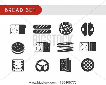 Set black vector icons. Bread: toast, baguette, pie, pita bread croissant pastry pretzel ciabatta