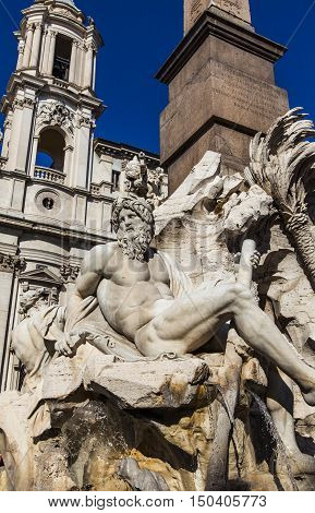 Detail Of Fontana Dei Quattro Fiumi On Piazza Navona In Rome