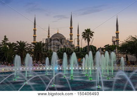 ISTANBUL TURKEY - JUNE 25 2015: Sultan Ahmet Mosque (Turkish: Sultan Ahmet Camii) is a historic mosque in Istanbul Turkey. The mosque is popularly known as the Blue Mosque for the blue tiles adorning the walls of its interior