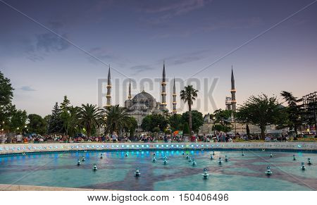 ISTANBUL TURKEY - JUNE 25 2015: Sultan Ahmet Mosque (Turkish: Sultan Ahmet Camii) is a historic mosque in Istanbul Turkey. The mosque is popularly known as the Blue Mosque for the blue tiles adorning the walls of its interior