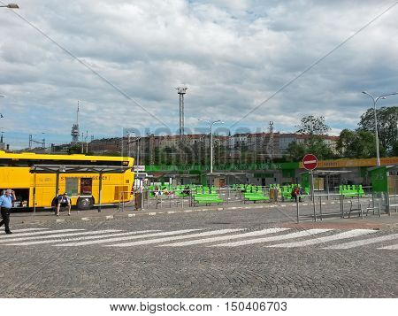 PRAGUE CZECH REPUBLIC - CIRCA JUNE 2015: coach of the Student Agency company ready for boarding at Florenc bus station in Prague Zizkov