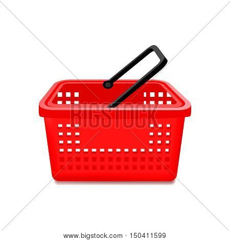 Realistic image of empty plastic red supermarket carrier basket regular on blank background isolated vector illustration