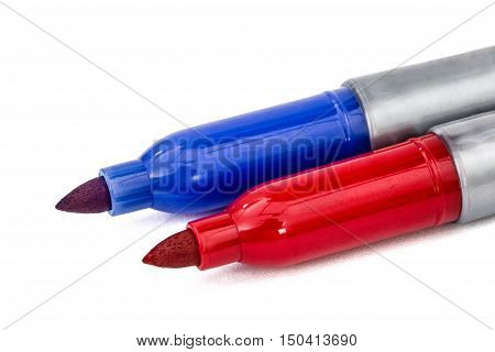Two felt-tip pens markers highlighters close-up isolated on white background