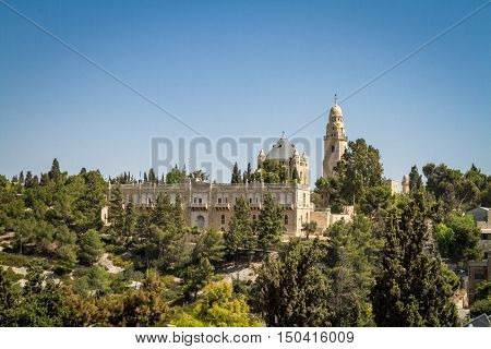 JERUSALEM ISRAEL - OCTOBER 5: The Dormition Abbey and the Institute for the Study of the Bible outside the walls of the Old City in Jerusalem Israel on October 5 2016