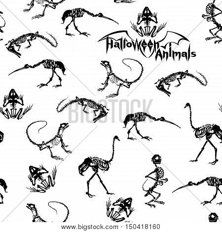 Halloween animals - black skeletons of reptiles (crocodiles lizards frogs) monkeys and birds (ostriches and herons) on white background. Seamless pattern.