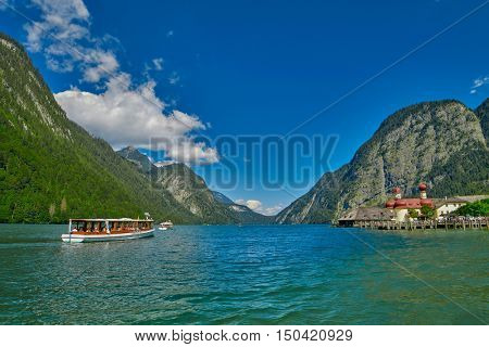 St.Bartolomei Monastery Church on Konigsee lake of German Bavaria