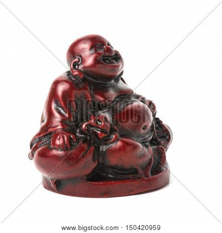 Netsuke happy fat man with a bag and a rosary. Isolated. A miniature sculpture which was used as a button-like trinket in traditional Japanese clothes kimono kosode which was devoid of pockets.