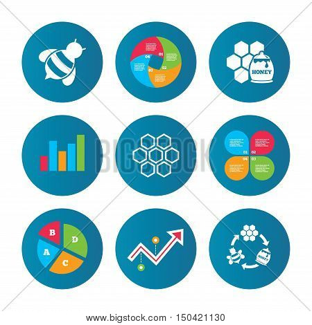 Business pie chart. Growth curve. Presentation buttons. Honey icon. Honeycomb cells with bees symbol. Sweet natural food signs. Data analysis. Vector