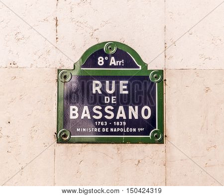 Rue De Bassano - Old Street Sign In Paris