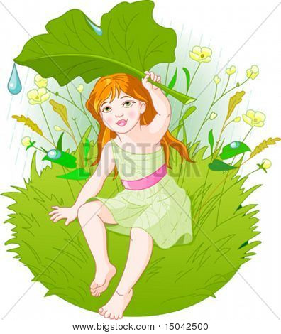 귀여운 소녀, 비옷을 입고 잎을 들고