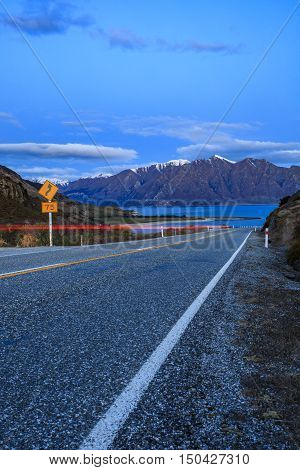 beautiful scenic of lake hawea route between aspiring national park and wanaka town at dusk