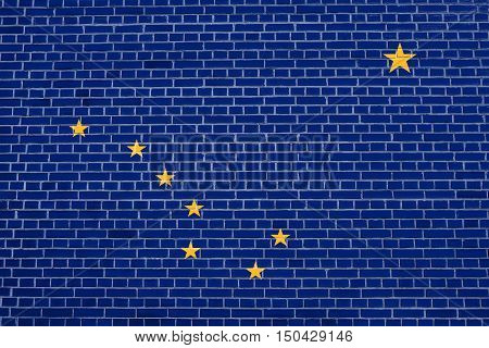 Alaskan official flag symbol. American patriotic element. USA banner. United States of America background. Flag of the US state of Alaska on brick wall texture background, 3d illustration