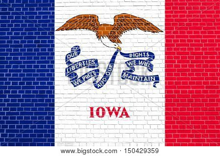 Iowan official flag symbol. American patriotic element. USA banner. United States of America background. Flag of the US state of Iowa on brick wall texture background, 3d illustration