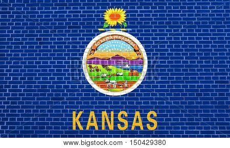 Kansan official flag symbol. American patriotic element. USA banner. United States of America background. Flag of the US state of Kansas on brick wall texture background, 3d illustration