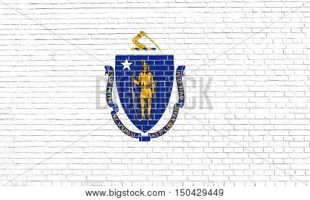Massachusettsan official flag symbol. American patriotic element. USA banner. United States of America background. Flag of the US state of Massachusetts on brick wall texture background, 3d illustration