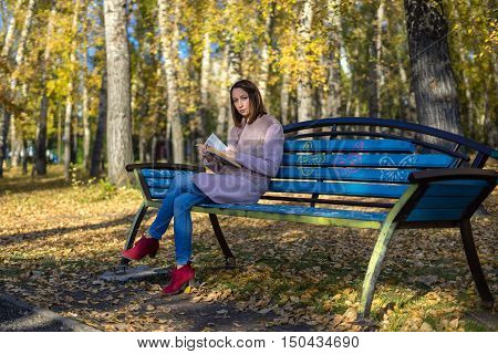 Girl sits on a park bench and reading a book sunny autumn day in October. Yellow leaves underfoot and the trees.