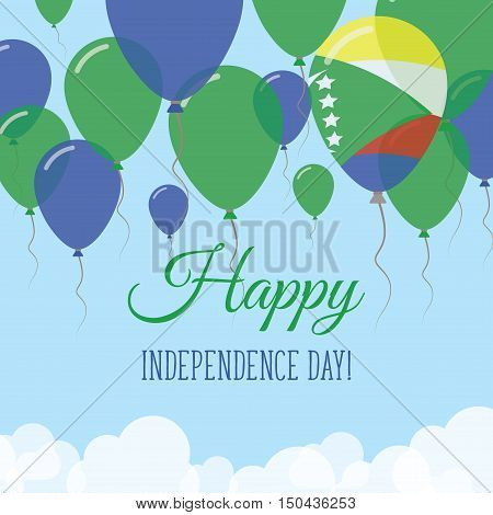 Comoros Independence Day Flat Greeting Card. Flying Rubber Balloons In Colors Of The Comoran Flag. H