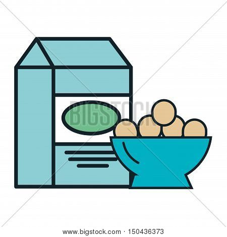 milk box beverage with bowl with egss. vector illustration