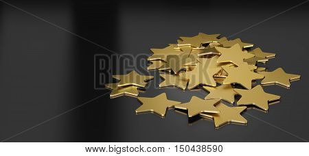 3D illustration of many golden stars over black background horizontal image suitable for header