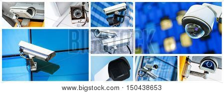 Panoramic Collage Of Security Cctv Camera Or Surveillance System