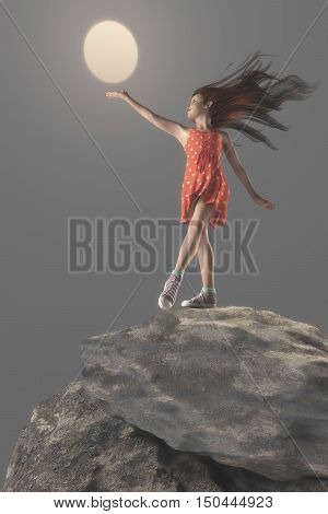 Teen girl standing on a cliff and trying to reach the sun. This is a 3d render illustration