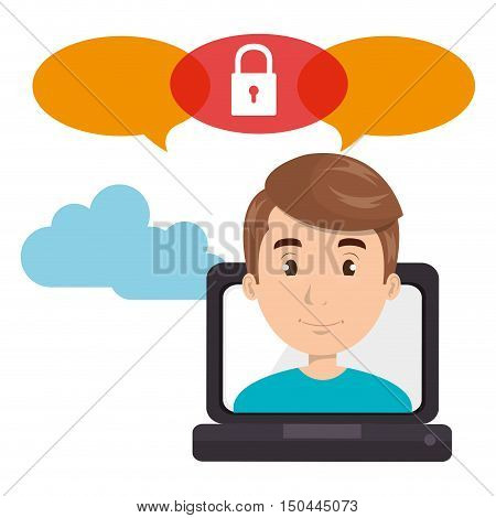laptop and avatar man smiling and colorful speech bubbles and padlock. vector illustration